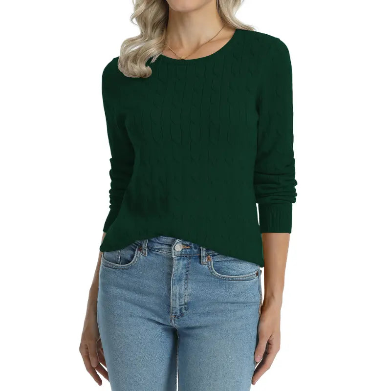 QUALFORT Women'S 100% Cotton Cable-Knit Crew Neck Long-Sleeve Pullover Sweater, Classic Basic Knit Top, Preppy Fall Winter Style for Work, Campus, Travel, Weekend, Casual Layering & Everyday Outfits, Soho Chic