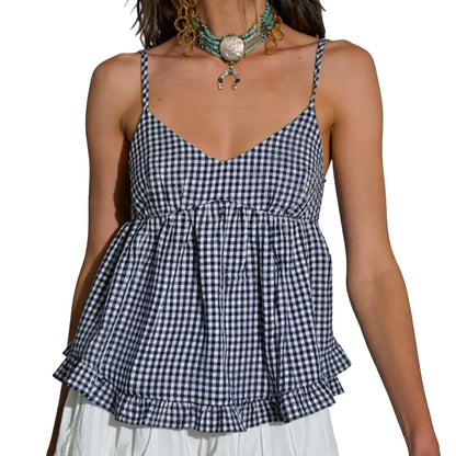 Women'S Plaid V-Neck Sleeveless Babydoll Tank Tops - Spaghetti Strap Camisole Shirts with Ruffle Trim, Loose Hem, Polyester-Elastane Blend, Size M, Casual Women'S Clothes