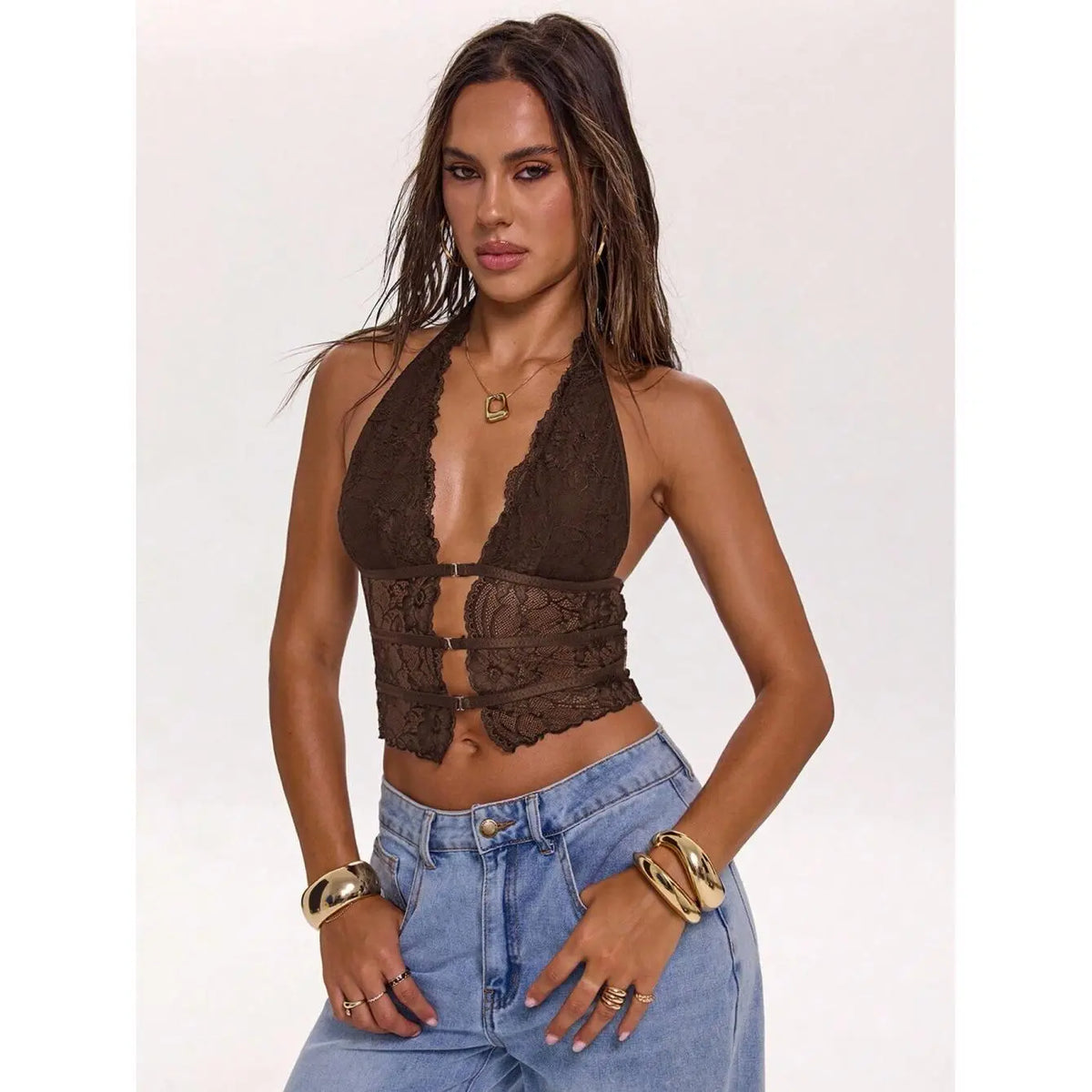 Katch Me Chic Women's Floral Lace Sheer Deep Neck Halter Cami Top - Cropped Beach Blouse with Twist Front Buckle, Lightweight and Breathable Summer Wear