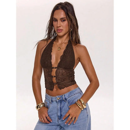 Katch Me Chic Women's Floral Lace Sheer Deep Neck Halter Cami Top - Cropped Beach Blouse with Twist Front Buckle, Lightweight and Breathable Summer Wear