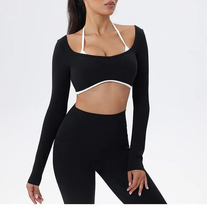 Summervibes Workout Sets for Women 2 Piece Outfits Seamless High Waist Leggings Yoga Long Sleeve Crop Tops Athletic Gym Sets Elegante Sport Halter Bra for Gym Workout Sets for Women Activewear High Waisted Outdoor Fun