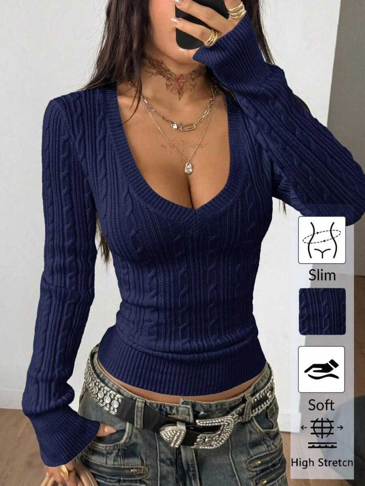 Elegant V-Neck Cable Knit Sweater for Women, Soft and Stylish, Slim Fit, Casual and Fashionable, Versatile Knitted Top, New for Fall/Winter, Knitwear Pullover
