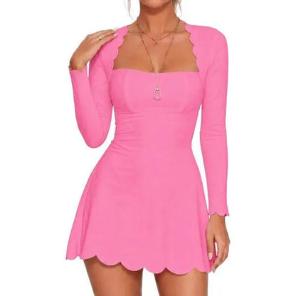 Fisoew Minimalist Elegant Casual Women'S Waist-Cinched Scalloped Square Neck Long Sleeve Skin-Friendly A-Line Skater Dress - Stylish Women'S Wear Pink Mini Club Party Dress