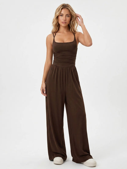 Katch Me Chic Women's Casual Solid Color Dual Strap Shirred Wide Leg Jumpsuit - Soft, Sweat-Wicking Stretch Sportswear for Spring & Summer