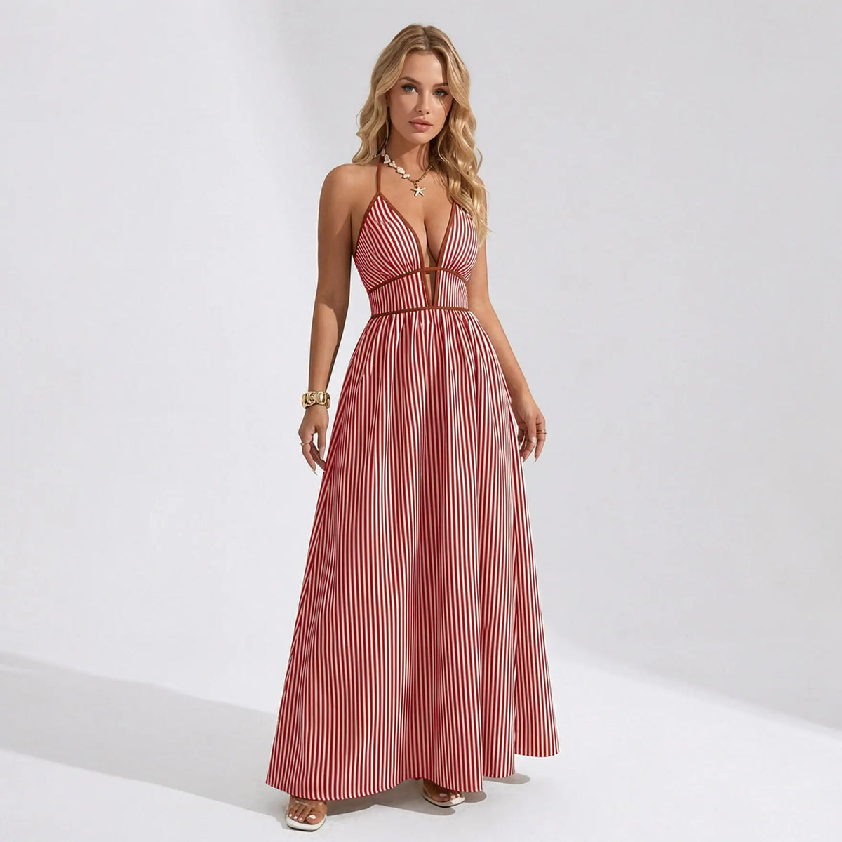 Katch Me Chic Women's Elegant Pinstripe Deep V-Neck Adjustable Halter Maxi Dress - Lightweight Summer Attire for Beach Holidays