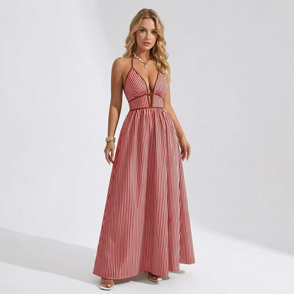 Katch Me Chic Women's Elegant Pinstripe Deep V-Neck Adjustable Halter Maxi Dress - Lightweight Summer Attire for Beach Holidays