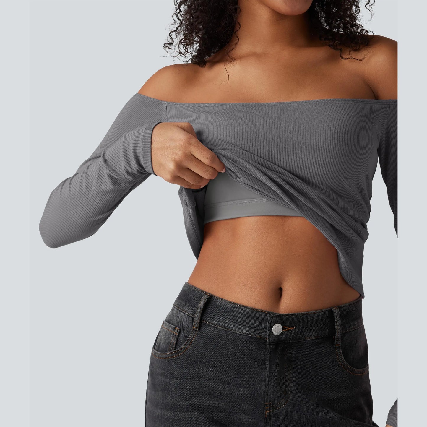 Halara Ribbed Knit off Shoulder Long Sleeve 2-In-1 Casual Top