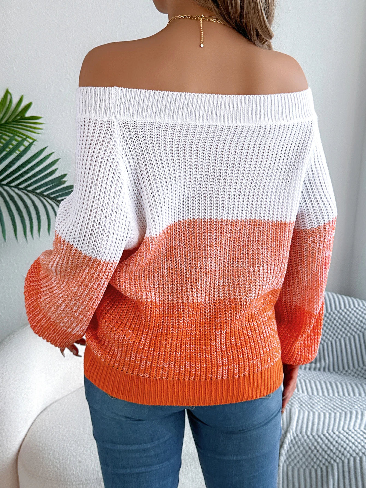 Autumn Winter Contrasting Color Striped Sweaters Women 2026 Casual off Shoulder Lantern Long Sleeve Pullover Black Orange Brown