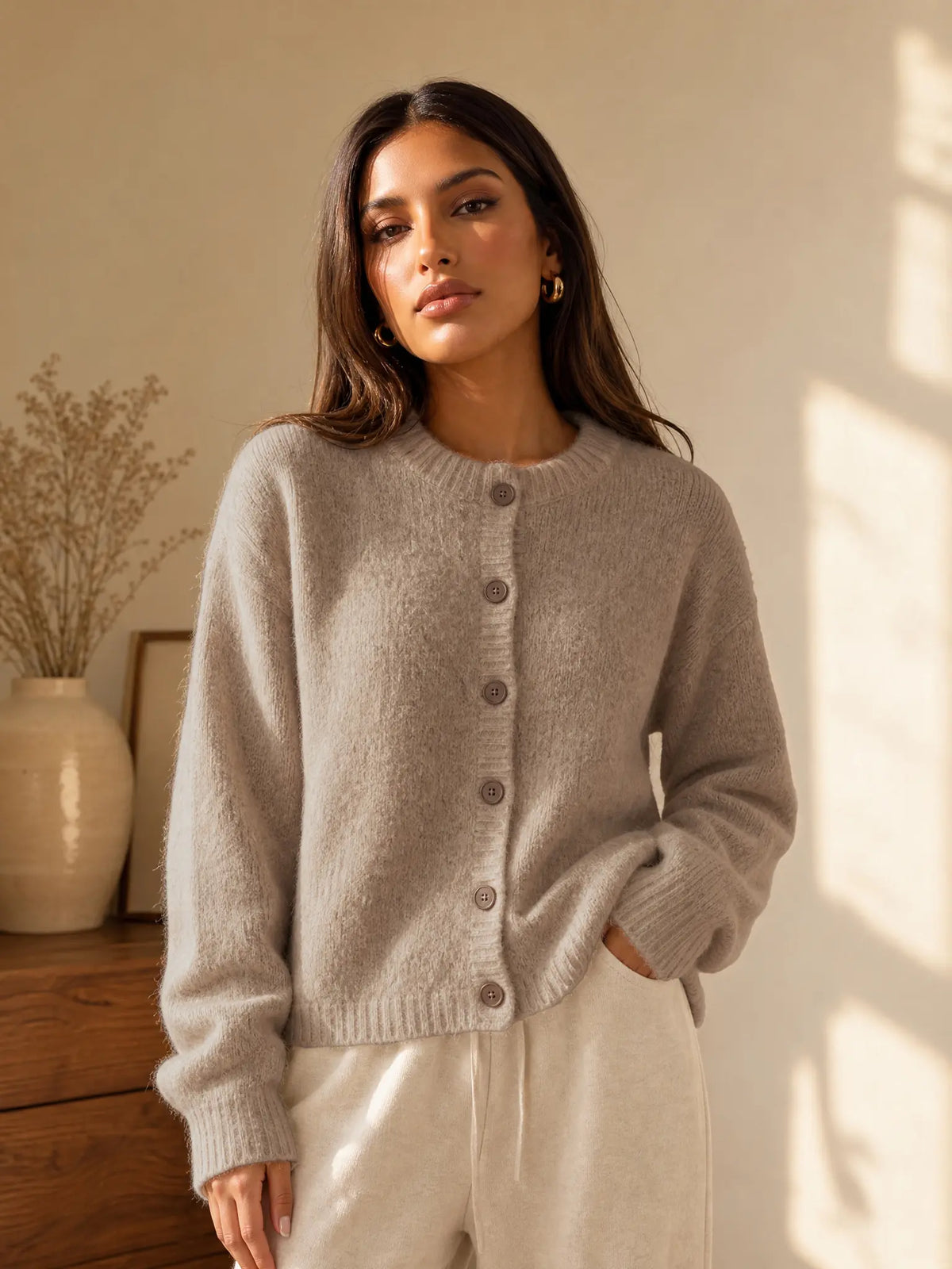 Katch Me Chic Women's Cozy Button-Up Knit Cardigan - Soft Fuzzy Long Sleeve Thermal Cropped Sweater for Fall & Winter Layering