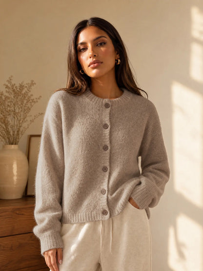 Katch Me Chic Women's Cozy Button-Up Knit Cardigan - Soft Fuzzy Long Sleeve Thermal Cropped Sweater for Fall & Winter Layering