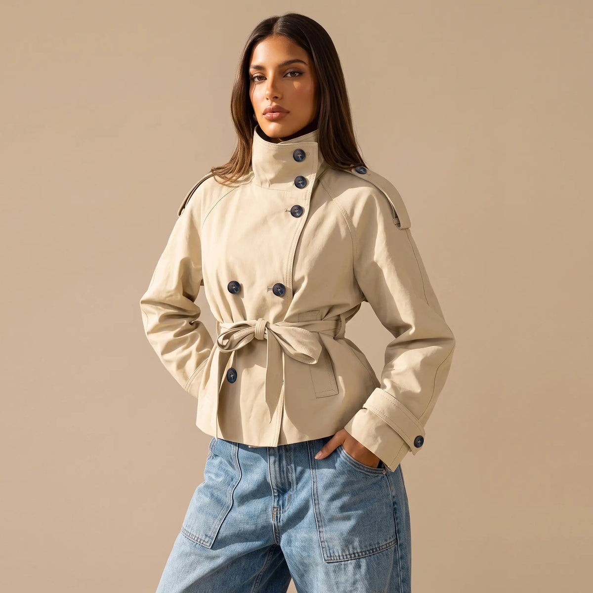 Katch Me Women's Versatile Stand Collar Button-Up Trench Coat with Detachable Waist Belt, Cozy Windproof Long Sleeve Outerwear for Fall & Winter