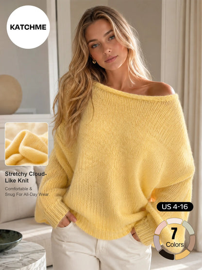 Katch Me Chic Women's Lightweight Slouchy Knit Sweater with Scoop Neck and Long Sleeves, Breathable and Stretchy Relaxed Fit Knitwear