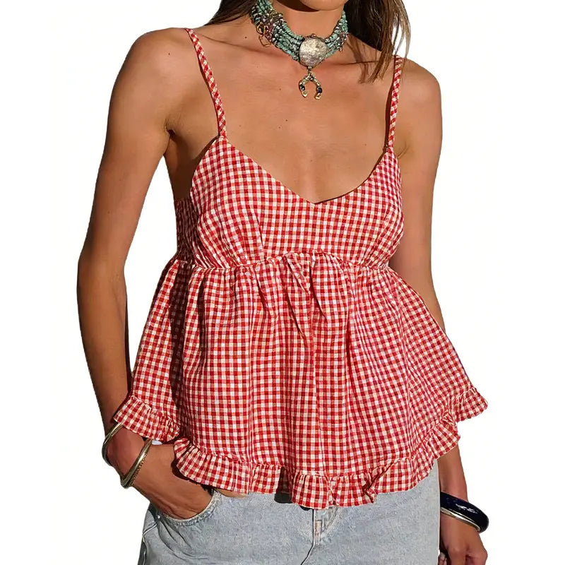 Women'S Plaid V-Neck Sleeveless Babydoll Tank Tops - Spaghetti Strap Camisole Shirts with Ruffle Trim, Loose Hem, Polyester-Elastane Blend, Size M, Casual Women'S Clothes