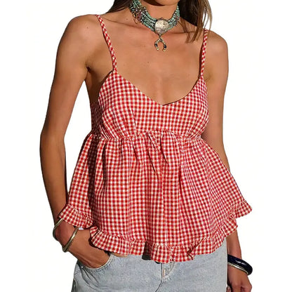 Women'S Plaid V-Neck Sleeveless Babydoll Tank Tops - Spaghetti Strap Camisole Shirts with Ruffle Trim, Loose Hem, Polyester-Elastane Blend, Size M, Casual Women'S Clothes