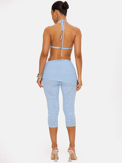 Women's Elegant Deep V Neck Backless Top with Fitted Three-Quarter Pants Set, Faux Two-Piece Design, Ideal for Social Events and Gatherings