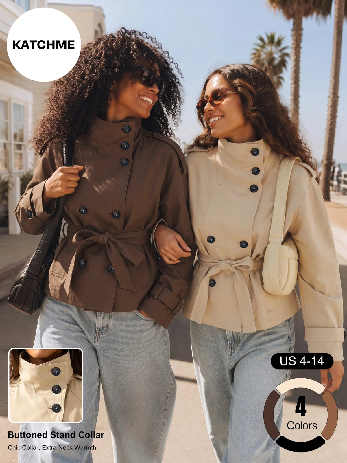 Katch Me Women's Versatile Stand Collar Button-Up Trench Coat with Detachable Waist Belt, Cozy Windproof Long Sleeve Outerwear for Fall & Winter