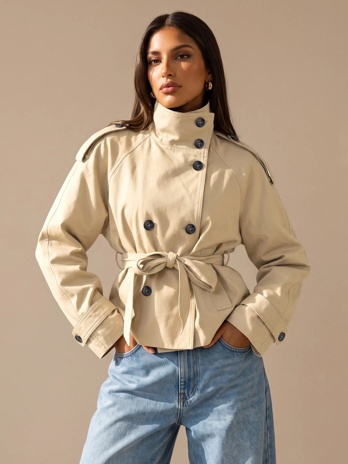 Katch Me Women's Versatile Stand Collar Button-Up Trench Coat with Detachable Waist Belt, Cozy Windproof Long Sleeve Outerwear for Fall & Winter