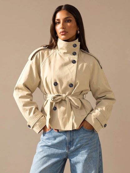 Katch Me Women's Versatile Stand Collar Button-Up Trench Coat with Detachable Waist Belt, Cozy Windproof Long Sleeve Outerwear for Fall & Winter