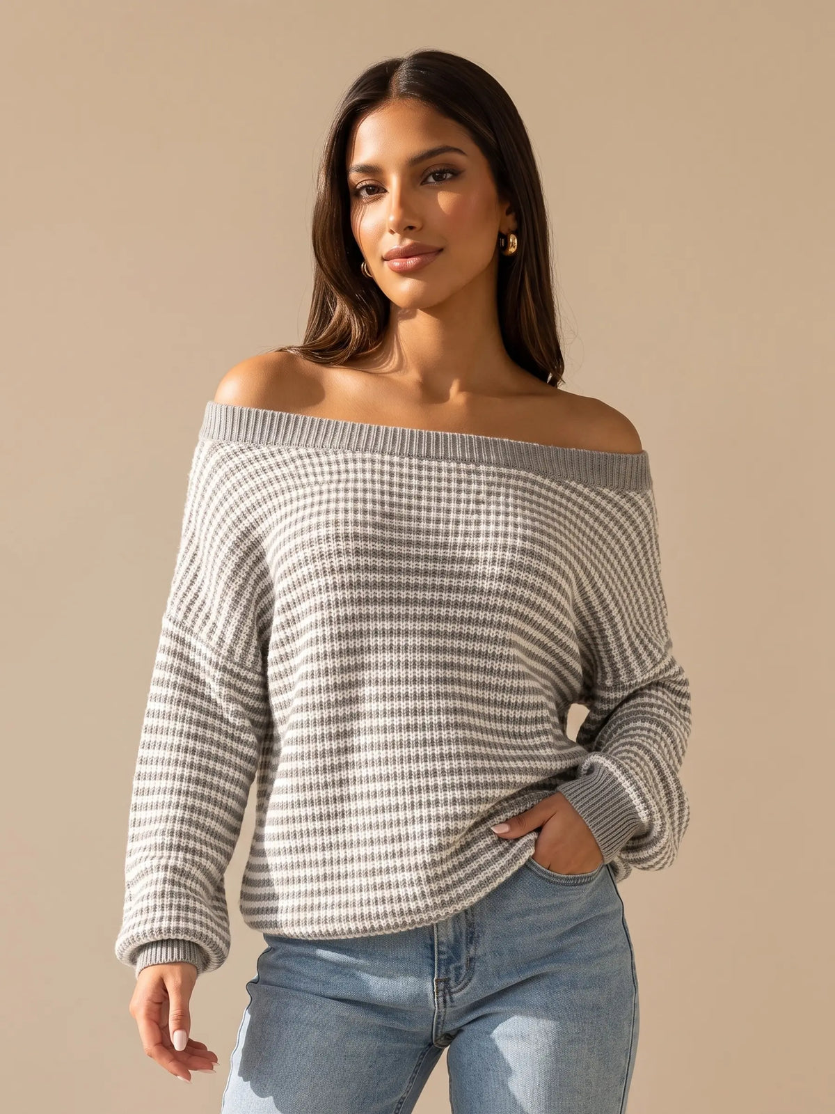 Chic Women's Slouchy Off-Shoulder Striped Balloon Sleeve Sweater - Cozy Drop Shoulder Loose Pullover for Fall & Winter