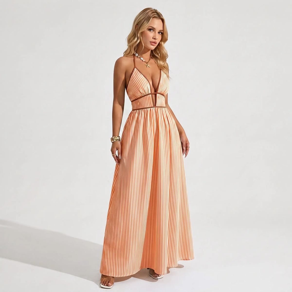 Katch Me Chic Women's Elegant Pinstripe Deep V-Neck Adjustable Halter Maxi Dress - Lightweight Summer Attire for Beach Holidays