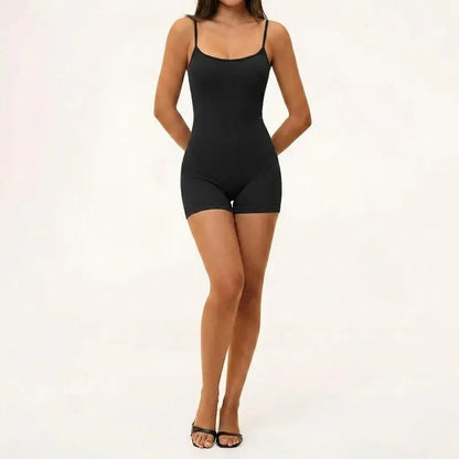 Missfeel Women'S Adjustable Spaghetti Strap Shapewear Bodysuit Shorts, Buttery‑Soft Ribbed Fabric, 4‑Way High Stretch, Moisture‑Wicking Quick‑Dry, Gentle Tummy Control, Butt‑Lifting, Seamless Slim Fit Active Romper for Yoga Gym Daily Wear