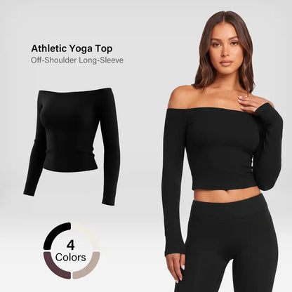 Women'S Everyday Summer Wear off the Shoulder Crop Top Long Sleeve Seamless Fitted Bardot Top Slim Fit Pilates Yoga Workout Basic Tee Athletic Top Casual Streetwear Going Out