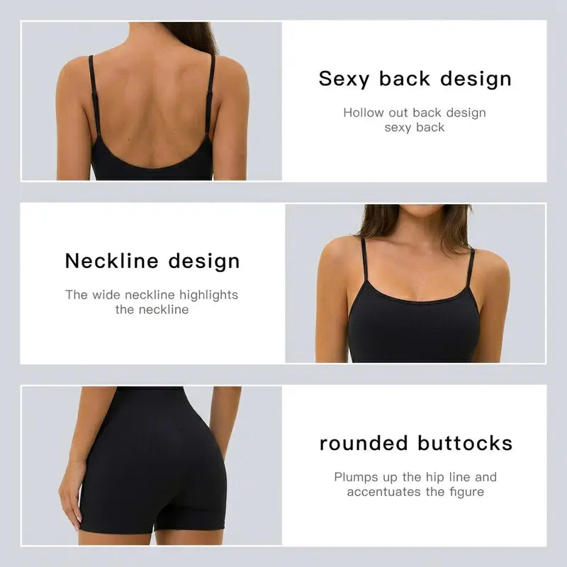 Missfeel Women'S Adjustable Spaghetti Strap Shapewear Bodysuit Shorts, Buttery‑Soft Ribbed Fabric, 4‑Way High Stretch, Moisture‑Wicking Quick‑Dry, Gentle Tummy Control, Butt‑Lifting, Seamless Slim Fit Active Romper for Yoga Gym Daily Wear