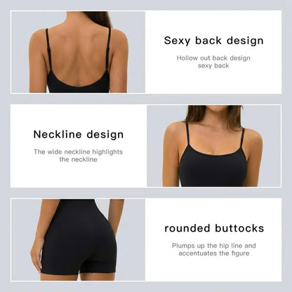 Missfeel Women'S Adjustable Spaghetti Strap Shapewear Bodysuit Shorts, Buttery‑Soft Ribbed Fabric, 4‑Way High Stretch, Moisture‑Wicking Quick‑Dry, Gentle Tummy Control, Butt‑Lifting, Seamless Slim Fit Active Romper for Yoga Gym Daily Wear