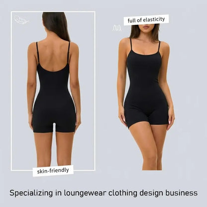 Missfeel Women'S Adjustable Spaghetti Strap Shapewear Bodysuit Shorts, Buttery‑Soft Ribbed Fabric, 4‑Way High Stretch, Moisture‑Wicking Quick‑Dry, Gentle Tummy Control, Butt‑Lifting, Seamless Slim Fit Active Romper for Yoga Gym Daily Wear