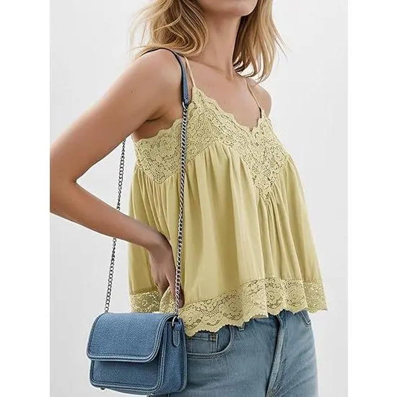 Yousify Women's Y2K Lace V-Neck Babydoll Cami Top - Floral Flowy Sleeveless Summer Blouse for Back to School
