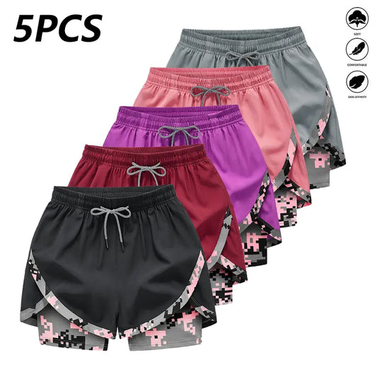 Women's Summer Shorts 5-Pack, Double-Layer 2-in-1 Design, Camouflage Pattern, Breathable Quick-Dry Fabric, Drawstring Elastic Waistband, Hidden Pockets, Casual Style