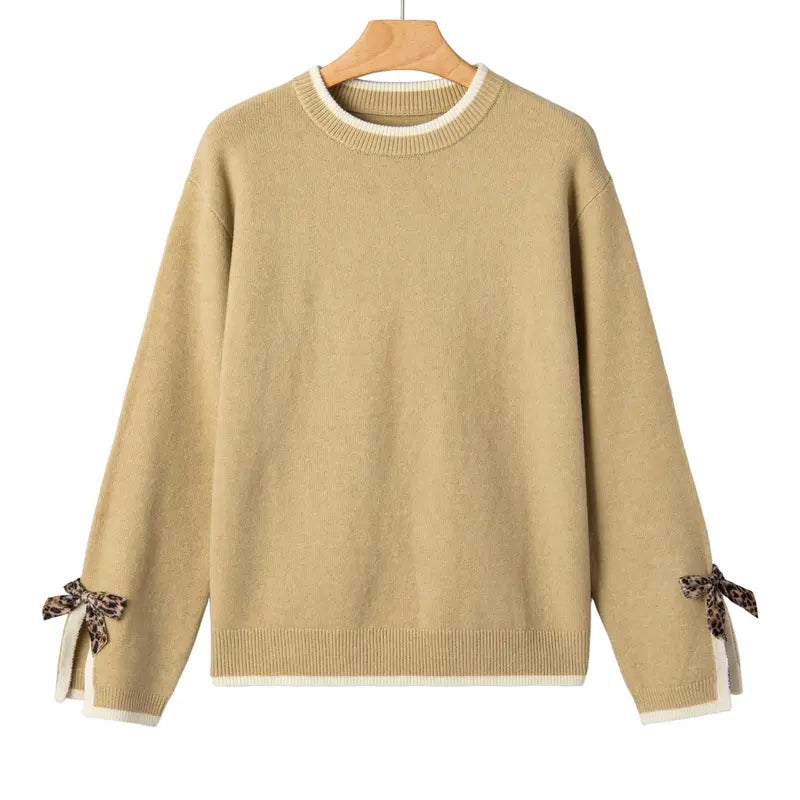 EVALESS Women'S Crew Neck Knitwear Pullover, Casual Sweater with Leopard Print Bow Cuffs, Relaxed Fit for Fall
