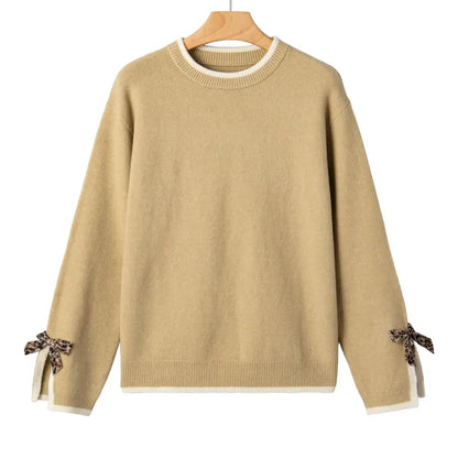 EVALESS Women'S Crew Neck Knitwear Pullover, Casual Sweater with Leopard Print Bow Cuffs, Relaxed Fit for Fall