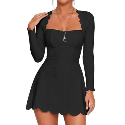 Fisoew Minimalist Elegant Casual Women'S Waist-Cinched Scalloped Square Neck Long Sleeve Skin-Friendly A-Line Skater Dress - Stylish Women'S Wear Pink Mini Club Party Dress