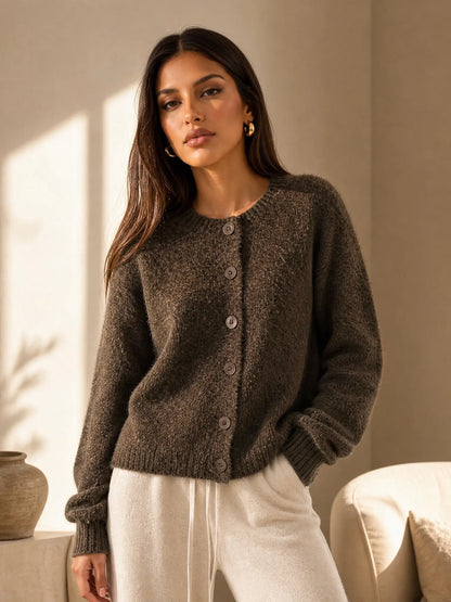 Katch Me Chic Women's Cozy Button-Up Knit Cardigan - Soft Fuzzy Long Sleeve Thermal Cropped Sweater for Fall & Winter Layering