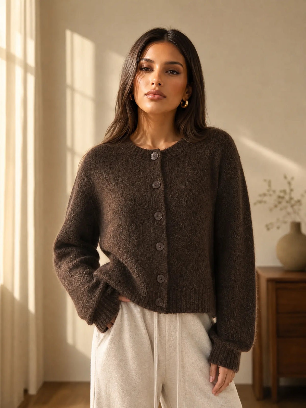 Katch Me Chic Women's Cozy Button-Up Knit Cardigan - Soft Fuzzy Long Sleeve Thermal Cropped Sweater for Fall & Winter Layering