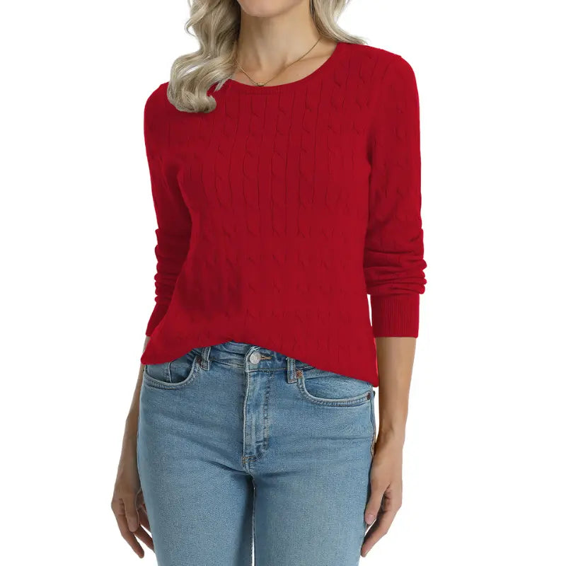 QUALFORT Women'S 100% Cotton Cable-Knit Crew Neck Long-Sleeve Pullover Sweater, Classic Basic Knit Top, Preppy Fall Winter Style for Work, Campus, Travel, Weekend, Casual Layering & Everyday Outfits, Soho Chic