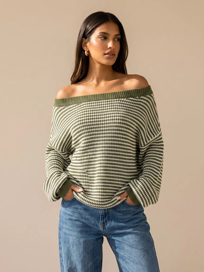 Chic Women's Slouchy Off-Shoulder Striped Balloon Sleeve Sweater - Cozy Drop Shoulder Loose Pullover for Fall & Winter