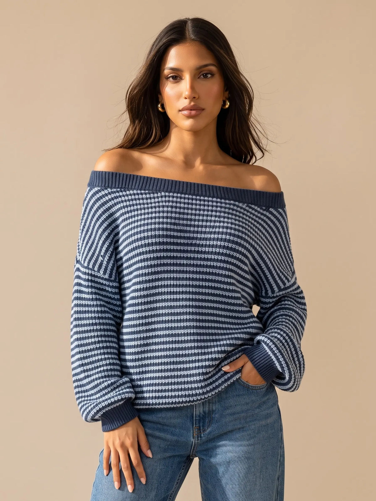 Chic Women's Slouchy Off-Shoulder Striped Balloon Sleeve Sweater - Cozy Drop Shoulder Loose Pullover for Fall & Winter