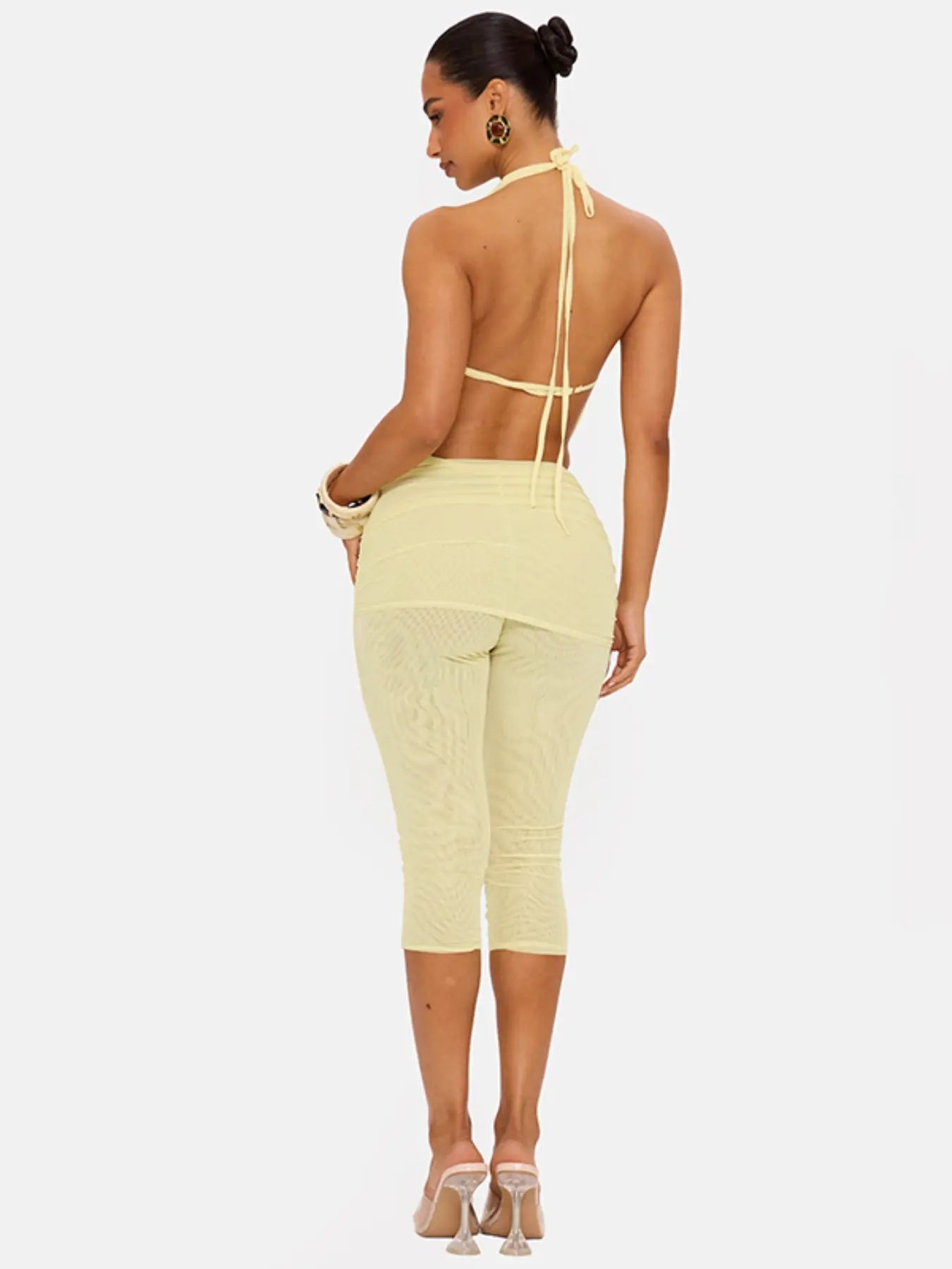 Women's Elegant Deep V Neck Backless Top with Fitted Three-Quarter Pants Set, Faux Two-Piece Design, Ideal for Social Events and Gatherings