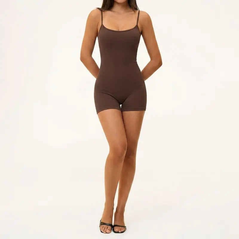 Missfeel Women'S Adjustable Spaghetti Strap Shapewear Bodysuit Shorts, Buttery‑Soft Ribbed Fabric, 4‑Way High Stretch, Moisture‑Wicking Quick‑Dry, Gentle Tummy Control, Butt‑Lifting, Seamless Slim Fit Active Romper for Yoga Gym Daily Wear