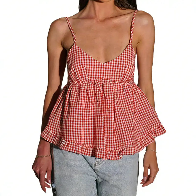 Women'S Plaid V-Neck Sleeveless Babydoll Tank Tops - Spaghetti Strap Camisole Shirts with Ruffle Trim, Loose Hem, Polyester-Elastane Blend, Size M, Casual Women'S Clothes