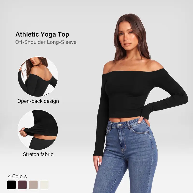 Women'S Everyday Summer Wear off the Shoulder Crop Top Long Sleeve Seamless Fitted Bardot Top Slim Fit Pilates Yoga Workout Basic Tee Athletic Top Casual Streetwear Going Out
