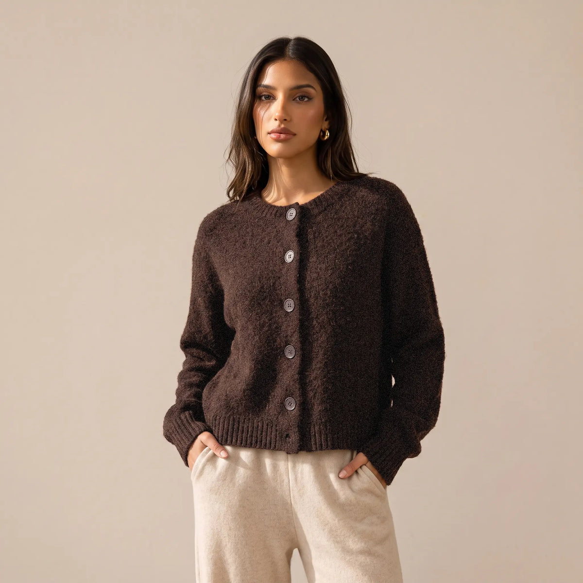 Katch Me Chic Women's Cozy Button-Up Knit Cardigan - Soft Fuzzy Long Sleeve Thermal Cropped Sweater for Fall & Winter Layering