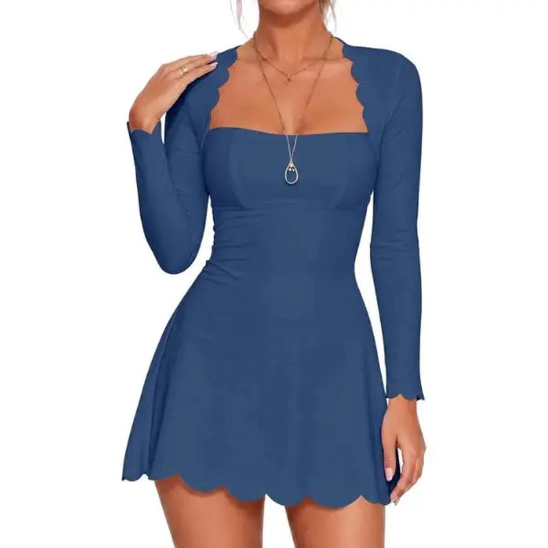 Fisoew Minimalist Elegant Casual Women'S Waist-Cinched Scalloped Square Neck Long Sleeve Skin-Friendly A-Line Skater Dress - Stylish Women'S Wear Pink Mini Club Party Dress