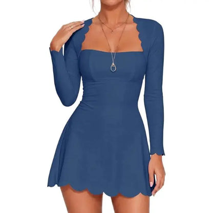 Fisoew Minimalist Elegant Casual Women'S Waist-Cinched Scalloped Square Neck Long Sleeve Skin-Friendly A-Line Skater Dress - Stylish Women'S Wear Pink Mini Club Party Dress
