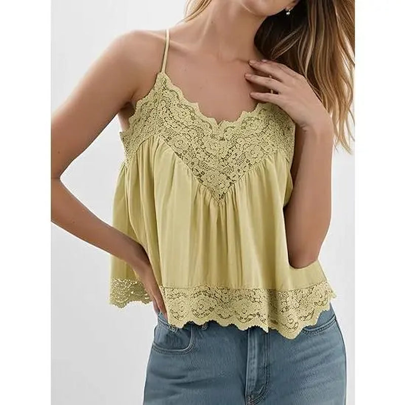 Yousify Women's Y2K Lace V-Neck Babydoll Cami Top - Floral Flowy Sleeveless Summer Blouse for Back to School