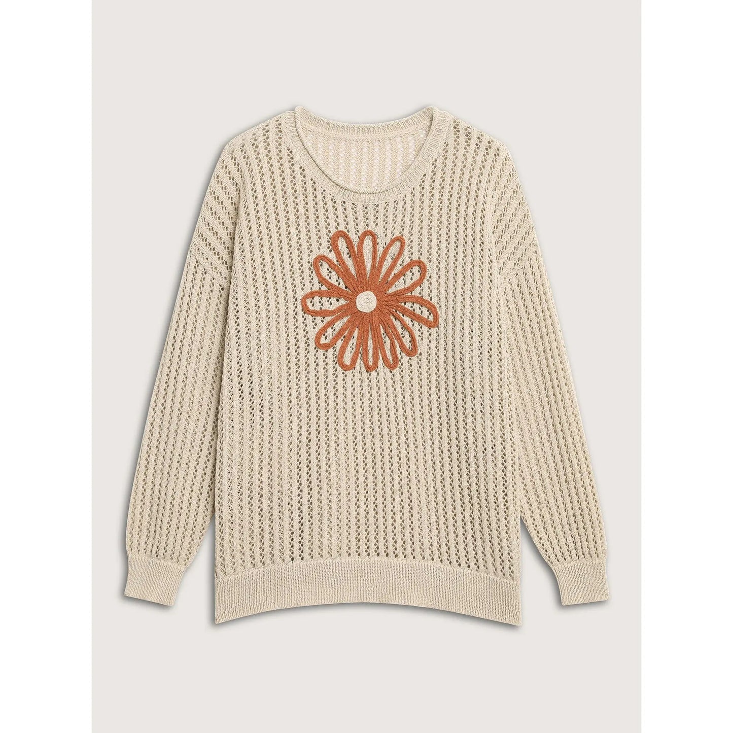 Bloomchic Oversized Floral Motif Cut-Out Textured Pullover for Summer