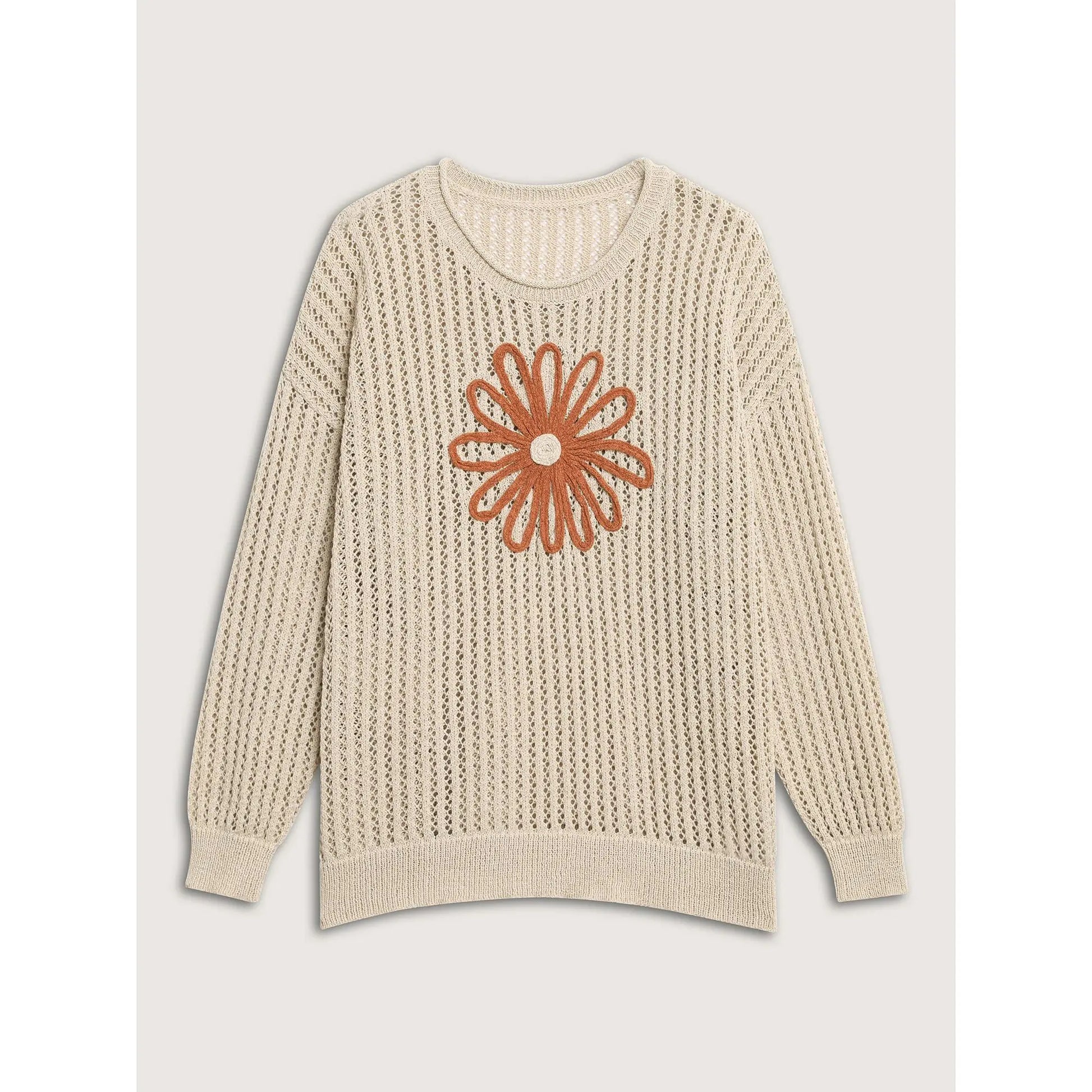 Bloomchic Oversized Floral Motif Cut-Out Textured Pullover for Summer