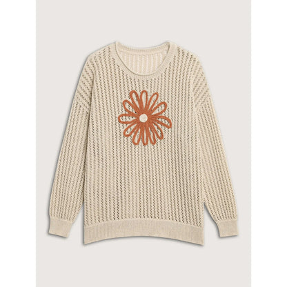 Bloomchic Oversized Floral Motif Cut-Out Textured Pullover for Summer